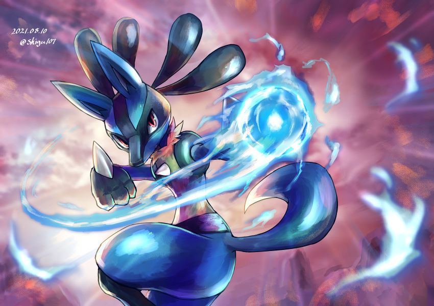 commentary_request dated energy energy_ball furry gen_4_pokemon highres leg_up looking_back lucario pokemon pokemon_(creature) red_eyes shigure_na_hito solo spikes yellow_fur