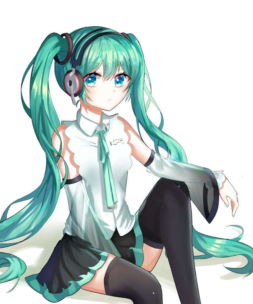 1girl absurdres aqua_hair aqua_nails aqua_ribbon between_legs black_legwear black_skirt blue_eyes closed_mouth collared_shirt detached_sleeves dress_shirt eyebrows_visible_through_hair hair_between_eyes hair_ornament hand_between_legs hatsune_miku headphones headset highres layered_sleeves long_hair long_sleeves looking_at_viewer microphone miniskirt nail_polish neck_ribbon pleated_skirt ribbon see-through shiny shiny_hair shirt simple_background sitting skirt sleeveless sleeveless_shirt solo thigh-highs twintails very_long_hair vocaloid white_background white_shirt white_sleeves wing_collar yuru_owo zettai_ryouiki