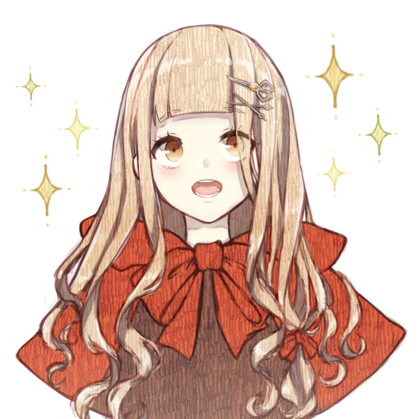 1girl :o bangs blonde_hair hair_between_eyes hair_ornament hairpin highres little_red_riding_hood_(sinoalice) long_hair looking_up open_mouth portrait red_hood rico_tta simple_background sinoalice solo star_(symbol) teeth white_background yellow_eyes