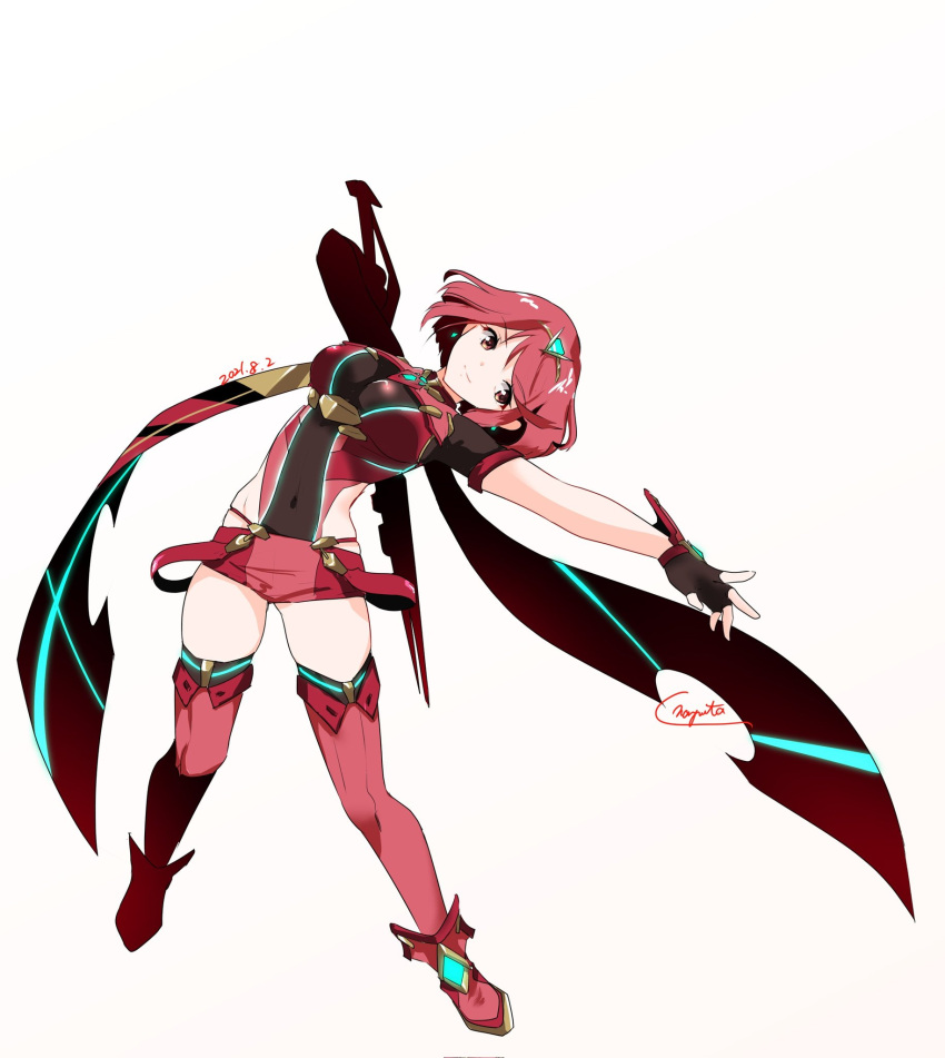 1girl aegis_sword_(xenoblade) bangs black_gloves breasts chest_jewel earrings fingerless_gloves gloves highres jewelry large_breasts nayuta-kanata pyra_(xenoblade) red_eyes red_legwear red_shorts redhead short_hair short_shorts shorts solo swept_bangs sword thigh-highs tiara weapon xenoblade_chronicles_(series) xenoblade_chronicles_2