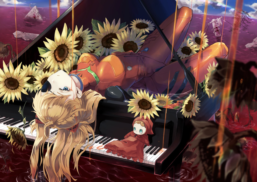 1girl absurdres bangs blood blue_eyes bodysuit breasts brown_hair canned_rose closed_mouth clouds commentary_request day doll expressionless eyepatch falling_petals flower highres huge_filesize instrument interface_headset long_hair lying medium_breasts neon_genesis_evangelion number ocean on_back outdoors petals piano plugsuit power_lines rebuild_of_evangelion red_bodysuit red_ocean solo souryuu_asuka_langley sunflower utility_pole water yellow_flower