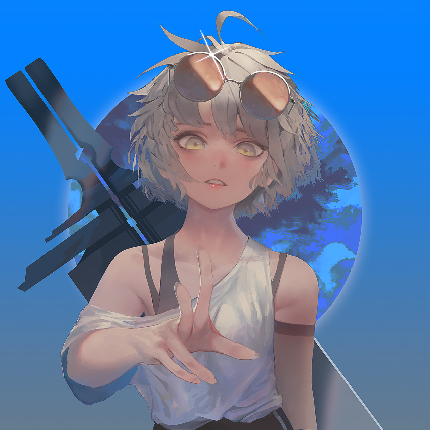 1girl ahoge bra_strap brown-tinted_eyewear commentary_request fingernails glint grey_hair highres looking_at_viewer off_shoulder open_mouth original outstretched_arm parted_lips reaching_out rsef sanpaku shirt short_hair solo sunglasses tinted_eyewear upper_body weapon weapon_on_back white_shirt yellow_eyes