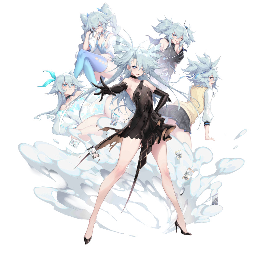 1girl bare_legs black_choker black_dress black_footwear blue_dress blue_eyes blue_hair blue_legwear braid breasts brown_cardigan cardigan checkered checkered_skirt choker clouds dress elbow_gloves eyebrows_visible_through_hair girls_frontline gloves hair_ornament hair_ribbon high_heels highres lips long_hair one_eye_closed pa-15_(girls_frontline) ribbon school_uniform shanyao_jiang_tororo shirt skirt small_breasts solo thigh-highs white_shirt