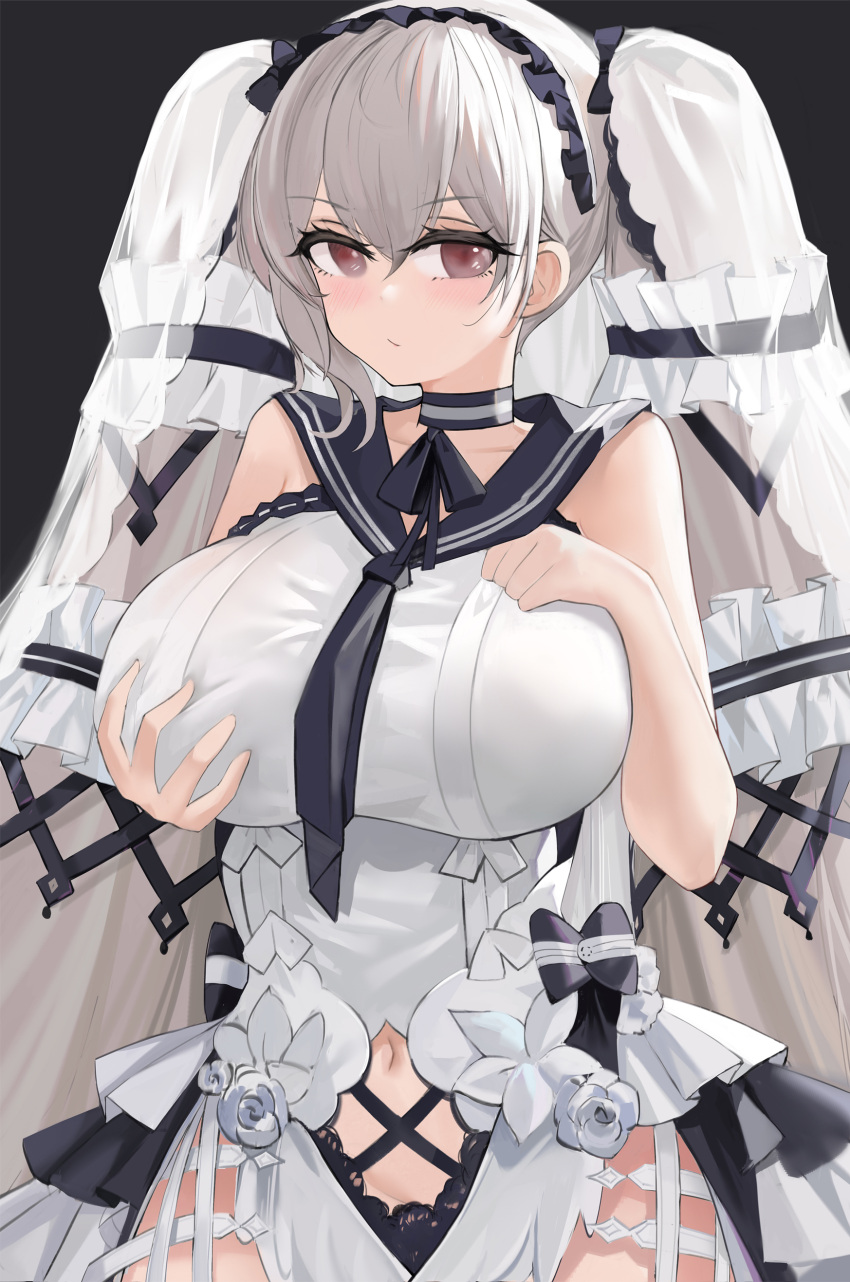 1girl absurdres azur_lane bare_shoulders black_background black_choker black_neckwear black_sailor_collar bow_dress breast_grab breasts choker clothing_cutout cowboy_shot dress dress_flower feather_dress flower formidable_(azur_lane) formidable_(timeless_classics)_(azur_lane) gala_(16901040) grabbing hair_ornament hand_on_own_chest highres huge_breasts long_hair looking_at_viewer navel_cutout official_alternate_costume platinum_blonde_hair red_eyes sailor_collar simple_background sleeveless sleeveless_dress solo twintails two-tone_dress two-tone_ribbon veil very_long_hair white_dress white_flower
