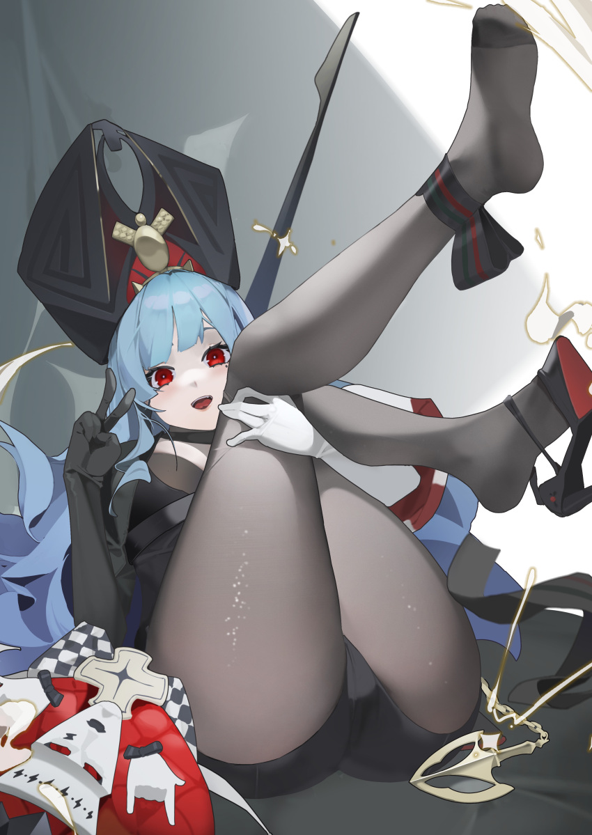 1girl absurdres ankle_bow ass asymmetrical_gloves azur_lane black_footwear black_gloves black_headwear blue_hair bodystocking bow breasts center_opening crosier full_body gloves high_heels highres long_hair looking_at_viewer lying marco_polo_(azur_lane) medium_breasts mismatched_gloves nanonuo on_back open_mouth red_eyes scepter solo v very_long_hair white_gloves