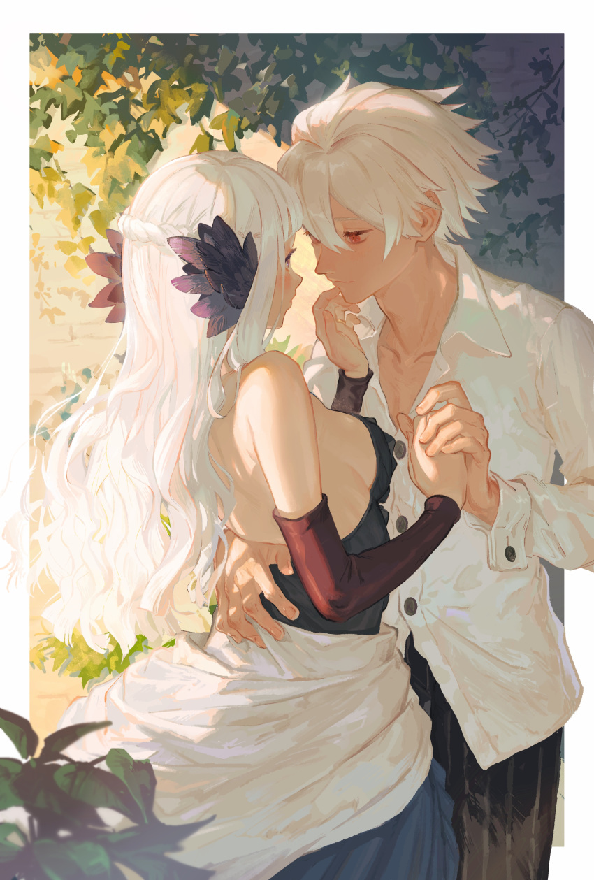 1boy 1girl absurdres arm_around_waist bare_shoulders braid breasts couple crown_braid detached_sleeves domodesu dress eye_contact feather_hair_ornament feathers gwendolyn_(odin_sphere) hair_ornament hand_on_another's_chin highres holding_hands long_hair looking_at_another odin_sphere open_collar oswald_(odin_sphere) plant short_hair sideboob strapless strapless_dress upper_body white_hair
