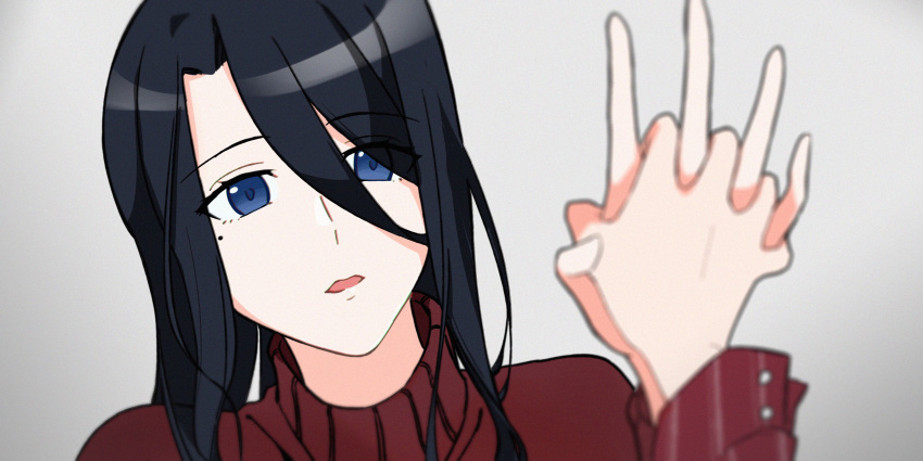 1girl 1other absurdres black_hair blue_eyes character_request eyebrows_visible_through_hair eyes_visible_through_hair film_grain gradient gradient_background highres holding holding_hands long_hair majo_no_tabitabi mole mole_under_eye open_mouth pov solo tokyo_bay_seal turtleneck upper_body yuri