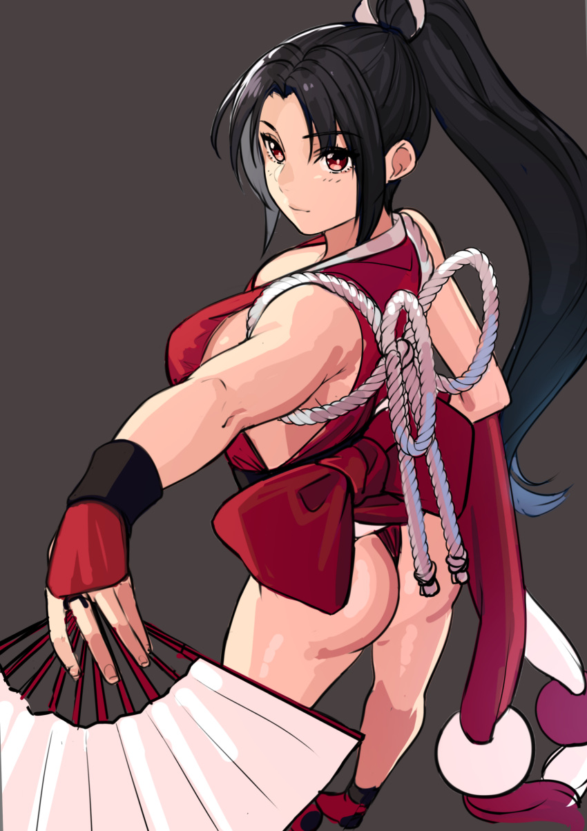 1girl absurdres arm_up ass bangs bare_legs black_hair fatal_fury fingerless_gloves folding_fan from_above from_side gloves hand_fan highres japanese_clothes kagematsuri leotard ninja no_bra no_panties parted_bangs ponytail red_eyes red_leotard revealing_clothes ribbon rope shimenawa shiranui_mai sleeveless the_king_of_fighters wedgie wrist_guards