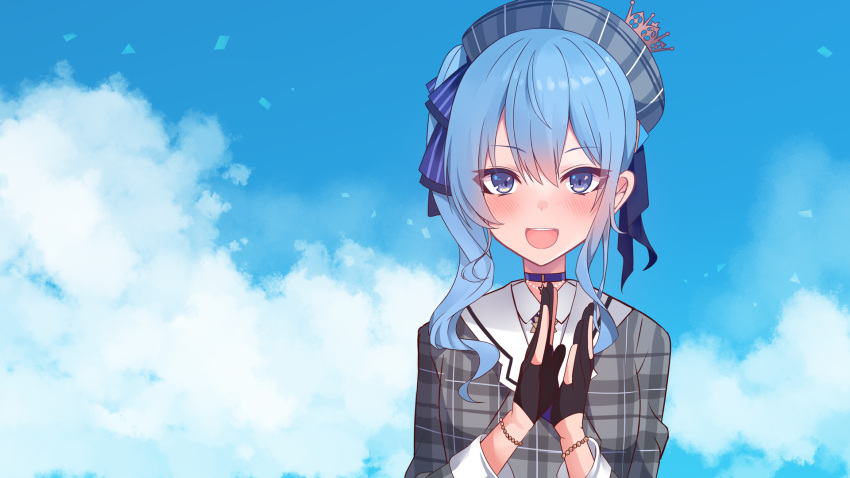 bangs beret black_gloves blue_bow blue_choker blue_eyes blue_hair blue_sky blush bow choker clapping clouds cloudy_sky collared_shirt crown eyebrows_visible_through_hair gloves grey_headwear grey_jacket hair_between_eyes hair_bow hands_up hat highres hololive hoshimachi_suisei jacket long_sleeves looking_at_viewer mini_crown neon_genesis_evangelion parody partially_fingerless_gloves plaid plaid_headwear plaid_jacket shirt side_ponytail sky striped striped_bow upper_body virtual_youtuber white_shirt yoshiheihe