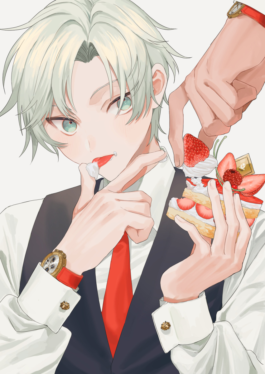 2boys collared_shirt commentary_request food fruit green_eyes green_hair hands_up highres holding holding_food licking licking_finger long_sleeves looking_at_another male_focus megechan multiple_boys necktie original raspberry red_neckwear shirt short_hair simple_background strawberry_shortcake tongue tongue_out very_short_hair waistcoat watch watch white_background white_shirt