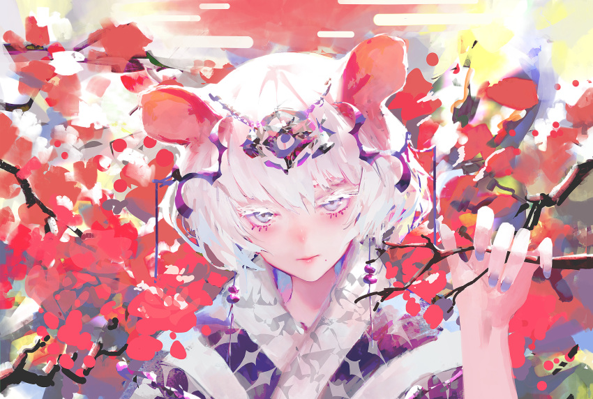 1girl animal_ears branch chinese_zodiac closed_mouth diadem fingernails flower hand_up highres jitome looking_at_viewer mole mole_under_mouth mouse_ears nail_polish original purple_nails red_flower rsef solo upper_body violet_eyes white_hair year_of_the_rat