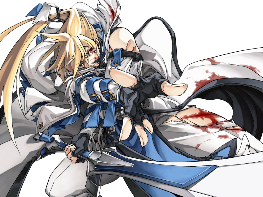1boy belt blonde_hair blood blood_on_clothes blood_on_face blue_eyes dong_hole english_text fighting_stance fingerless_gloves gloves guilty_gear guilty_gear_xrd heterochromia highres holding holding_weapon ky_kiske long_hair male_focus ponytail red_eyes simple_background sword tied_hair torn_clothes weapon white_background