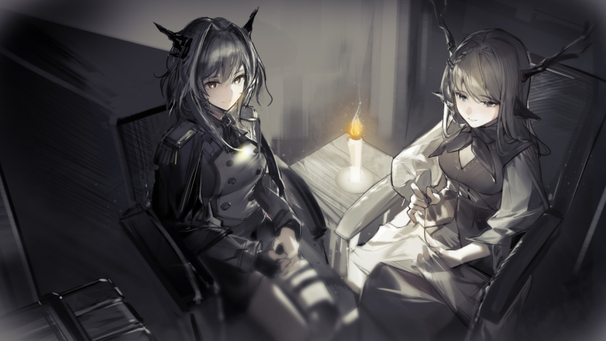 2girls alina_(arknights) arknights artist_request ascot bangs black_neckwear blouse buttons candle chair closed_mouth double-breasted dragon_horns epaulettes game_cg grey_hair grey_jacket grey_theme hands_on_lap horns indoors jacket long_hair long_sleeves military_jacket multiple_girls neckerchief official_art sewing sitting smile talulah_(arknights) white_blouse