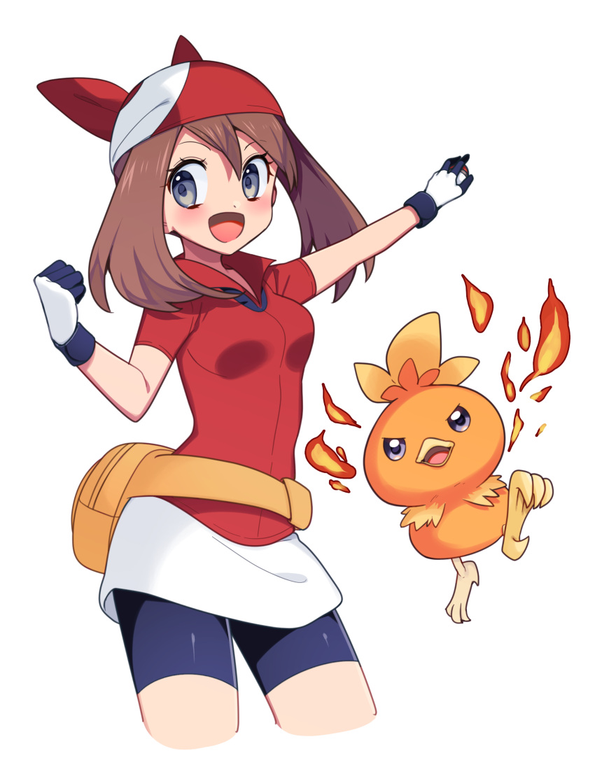 1girl :d bangs bike_shorts blue_eyes blue_shorts blush brown_hair cropped_legs fire gen_3_pokemon gloves hair_between_eyes highres holding holding_poke_ball jacket long_hair looking_to_the_side may_(pokemon) miniskirt open_mouth poke_ball pokemon pokemon_(creature) pokemon_(game) pokemon_rse red_bandana red_jacket shiny shiny_clothes short_shorts short_sleeves shorts shorts_under_skirt simple_background skirt smile solo standing torchic twintails white_background white_skirt