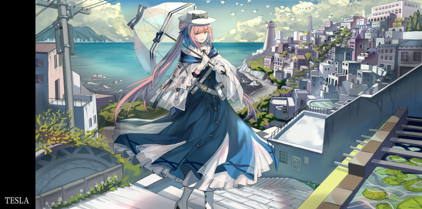 1girl arknights artist_name bangs belt black_ribbon blue_dress blue_feathers boots breasts ceylon_(arknights) cloak collared_shirt commentary_request day double_bun dress eyebrows_visible_through_hair gloves hat hat_ribbon hexagram high_heel_boots high_heels highres holding holding_umbrella layered_dress long_hair looking_at_viewer ocean open_mouth orange_eyes outdoors pink_hair qihai_lunpo ribbon shirt sidelocks small_breasts smile solo star_of_david town umbrella very_long_hair white_footwear white_gloves white_headwear white_shirt