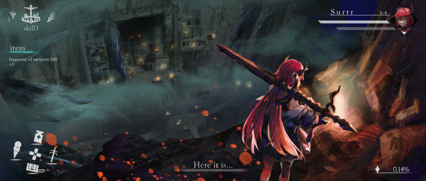 absurdres arknights background_text character_name choker city claymore_(sword) commentary_request demon_girl demon_horns dress english_text from_behind gyoukan_(jfxc) highres holding holding_sword holding_weapon horns huge_filesize jacket long_hair looking_away red_eyes redhead rock standing surtr_(arknights) sword tagme underground very_long_hair weapon weapon_behind_back