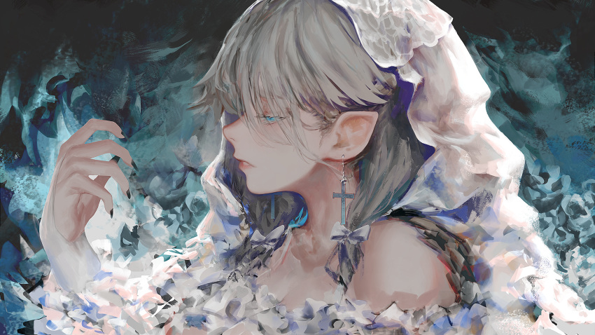 1girl black_nails blue_eyes bow bridal_veil cross cross_earrings earrings fingernails from_side grey_hair hair_bow half-closed_eyes hand_up highres jewelry latin_cross long_hair nail_polish original parted_lips pointy_ears profile rsef solo upper_body veil white_bow