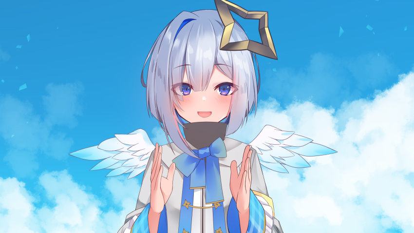 1girl :d amane_kanata bangs black_shirt blue_bow blue_hair blue_sky blush bow clapping clouds eyebrows_visible_through_hair feathered_wings frilled_sleeves frills grey_jacket hair_between_eyes hands_up high_collar highres hololive jacket long_sleeves looking_at_viewer mini_wings multicolored_hair neon_genesis_evangelion open_mouth parody plaid shirt silver_hair sky smile solo two-tone_hair upper_body violet_eyes virtual_youtuber white_wings wide_sleeves wings yoshiheihe
