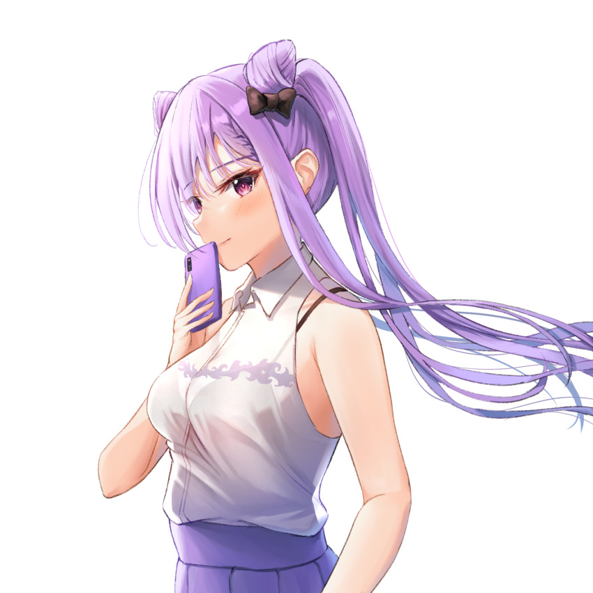 1girl alternate_costume bare_arms bare_shoulders black_bow black_bra blush bow bra breasts casual cellphone closed_mouth collared_shirt genshin_impact hair_bow hair_cones highres holding holding_phone keqing_(genshin_impact) long_hair medium_breasts phone pink_eyes ponytail purple_hair purple_skirt qoray7 see-through shirt sidelocks simple_background skirt sleeveless sleeveless_shirt smartphone smile solo underwear upper_body white_background