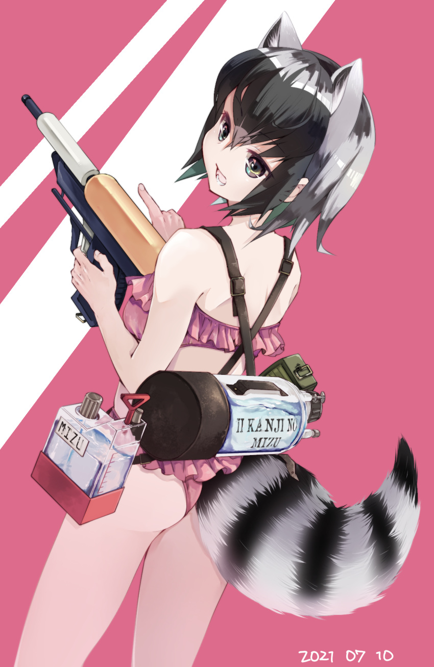 1girl animal_ears ass back bangs bare_arms bare_legs barefoot bikini black_eyes black_hair common_raccoon_(kemono_friends) dated dutch_angle extra_ears eyebrows_visible_through_hair fingernails frilled_bikini frilled_swimsuit frills grey_hair hair_between_eyes hands_up highres holding holding_water_gun kemono_friends medium_hair multicolored_hair nanana_(nanana_iz) open_mouth pointing raccoon_ears raccoon_girl raccoon_tail sidelocks smile solo standing super_soaker swimsuit tail tail_through_clothes water water_gun white_hair