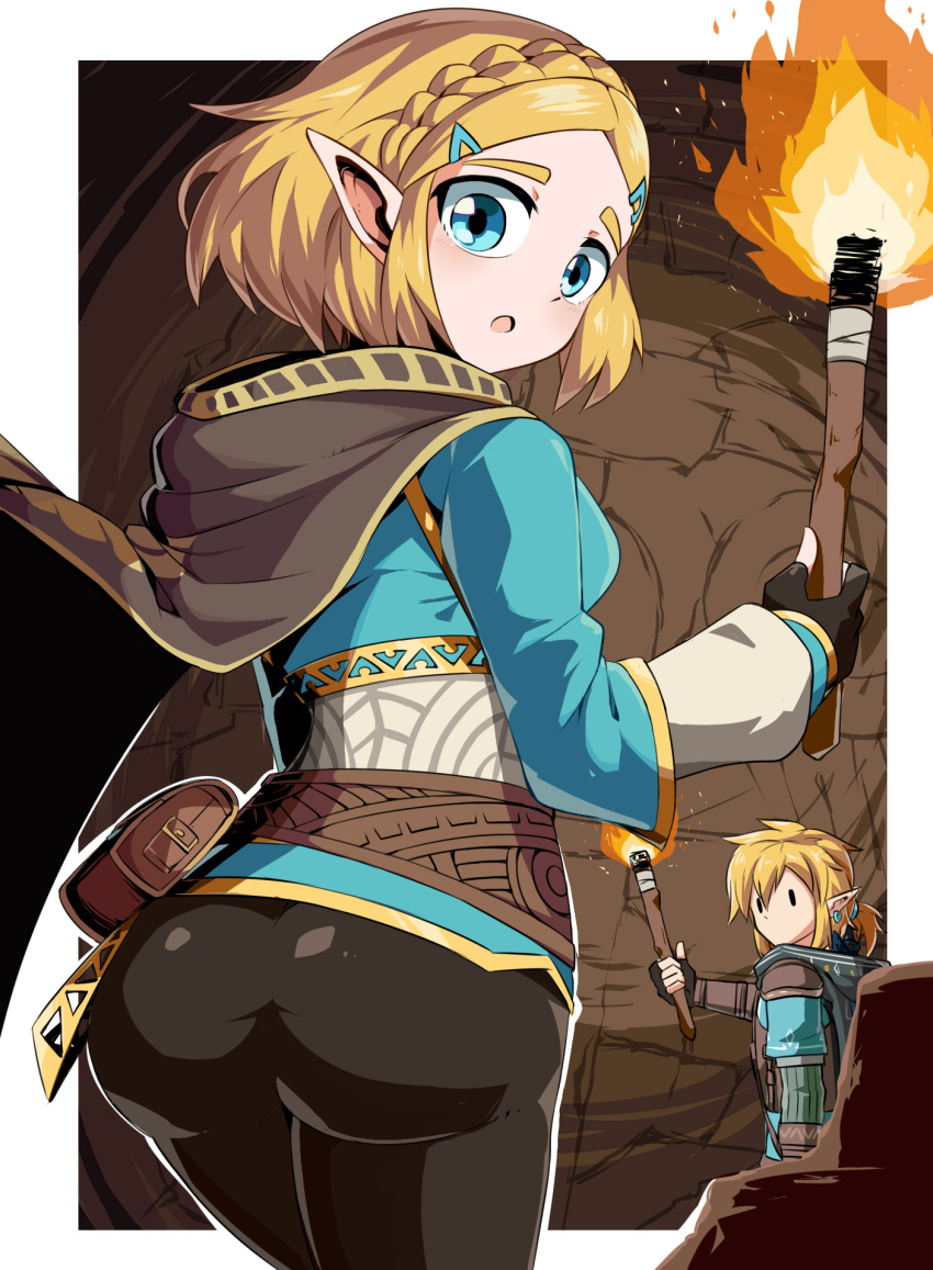 1boy 1girl ass blonde_hair blue_eyes breasts fingerless_gloves gloves hair_ornament hairclip highres link looking_at_viewer open_mouth pointy_ears princess_zelda shimure_(460) short_hair the_legend_of_zelda the_legend_of_zelda:_breath_of_the_wild thick_eyebrows