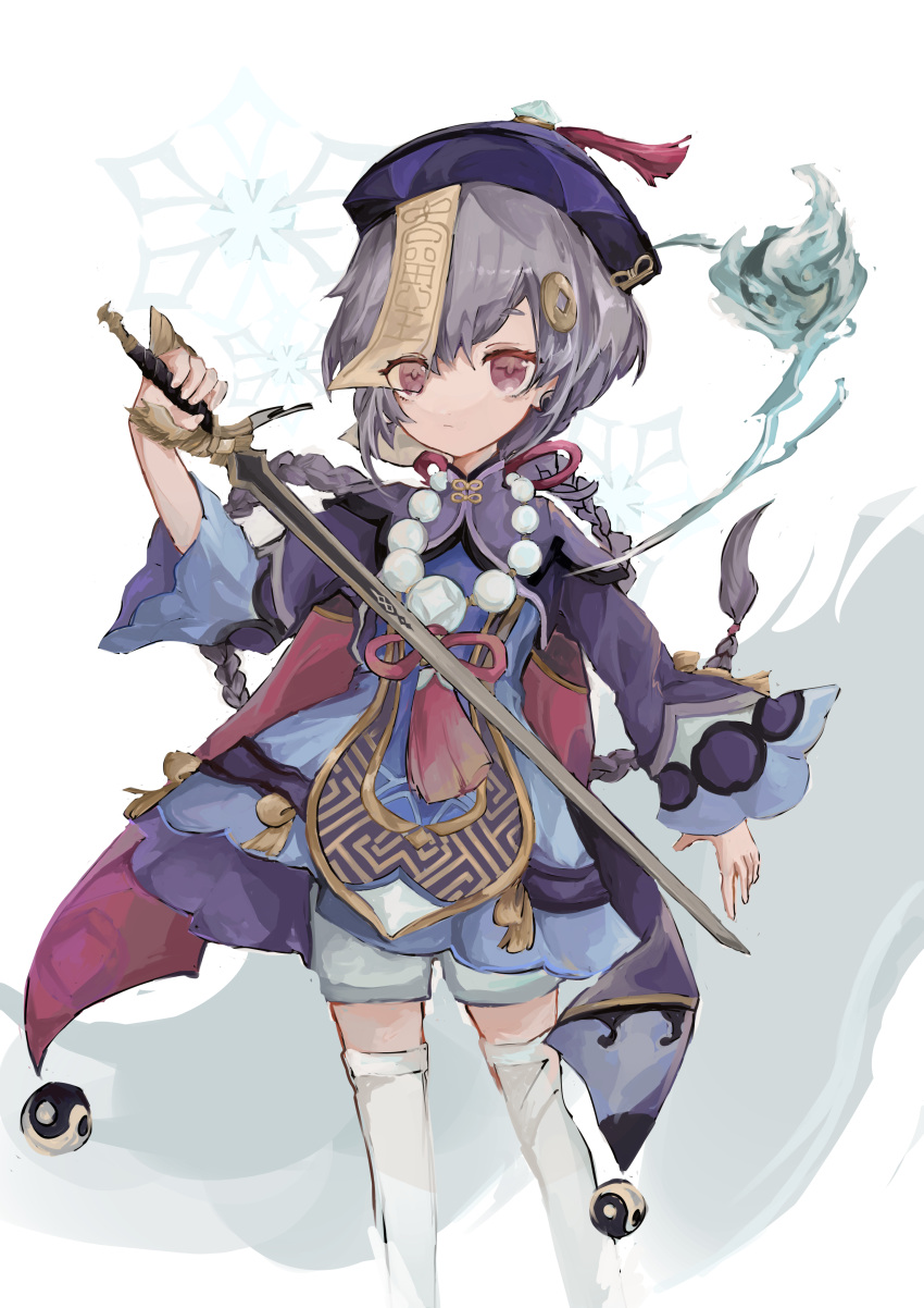 1girl absurdres bangs blue_eyes blue_headwear braid braided_ponytail chinese_clothes closed_mouth genshin_impact hair_between_eyes hair_ornament hairpin highres holding holding_sword holding_weapon jewelry jiangshi long_hair long_sleeves looking_at_viewer necklace qiqi_(genshin_impact) saku_(user_xjty3425) snowflake_background solo sword thigh-highs violet_eyes weapon white_background white_legwear yin_yang