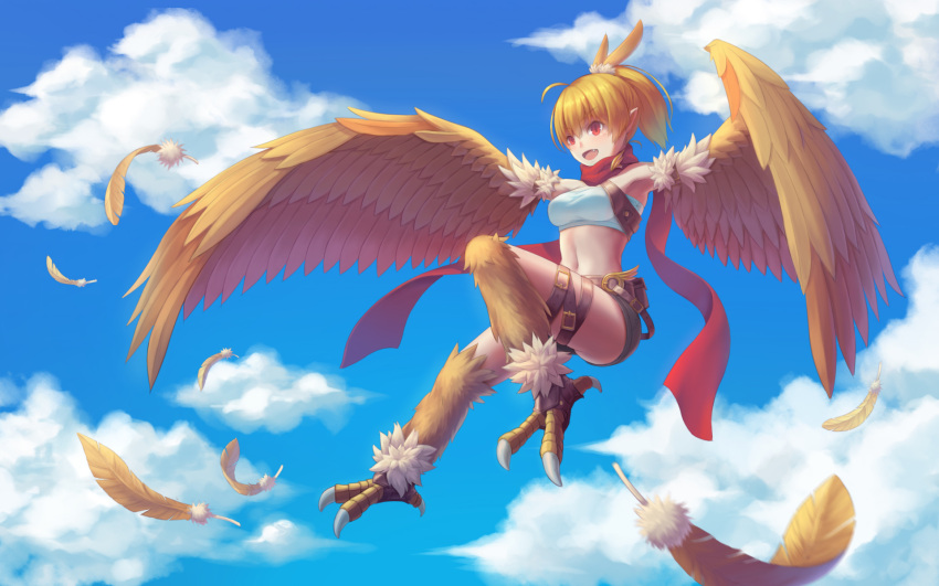 1girl animal_feet bangs bare_shoulders belt belt_pouch bird_legs blonde_hair breasts brown_feathers brown_wings chinese_commentary clouds commentary_request eyebrows_visible_through_hair fang feathered_wings feathers flying harpy high_ponytail highres kono_yuuza_ga_sonzaishinai medium_breasts midriff monster_girl navel open_mouth original pointy_ears ponytail pouch red_eyes red_scarf scarf short_hair sky solo strapless talons thigh_strap tubetop white_tubetop winged_arms wings