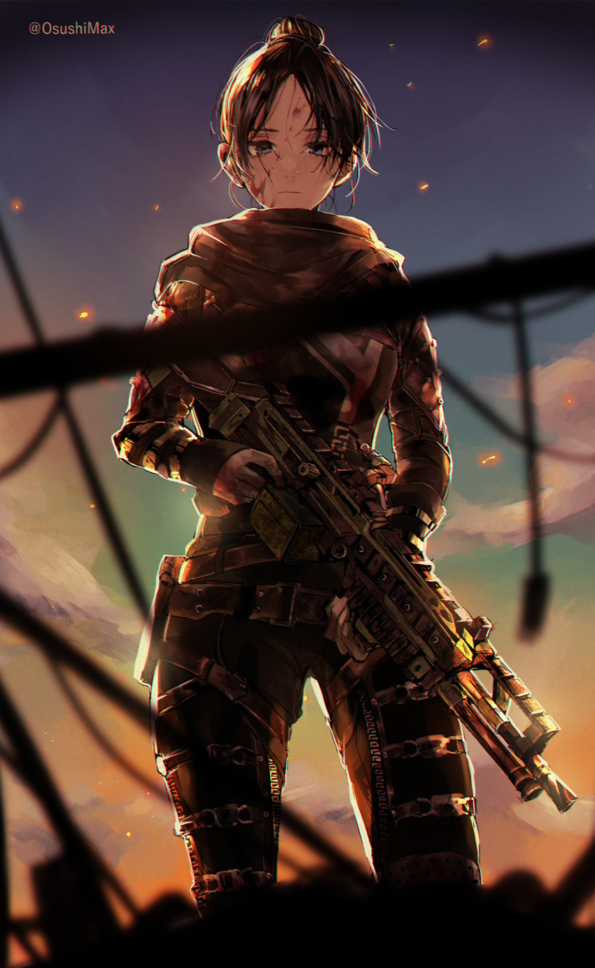 1girl apex_legends artist_name bangs black_bodysuit black_hair black_scarf blood blood_on_face blue_eyes bodysuit breasts clouds expressionless gun hair_bun highres holding holding_gun holding_weapon light_machine_gun looking_at_viewer m600_spitfire medium_breasts osushimax parted_bangs scarf sky solo weapon wraith_(apex_legends)
