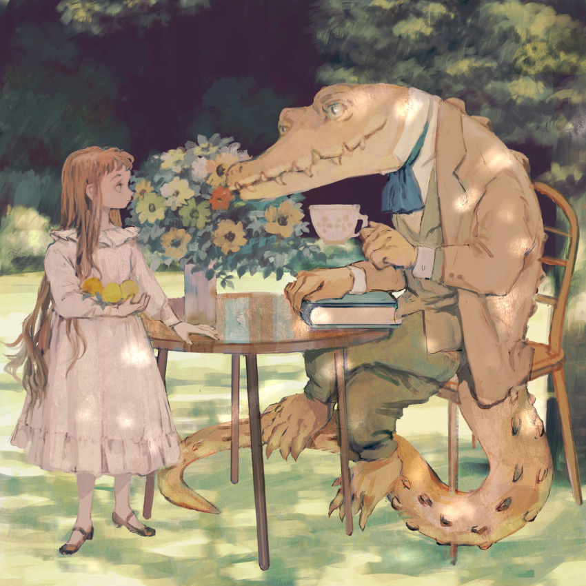 1girl bangs black_footwear blue_neckwear book bouquet brown_hair brown_jacket chair child claws collar cravat crocodilian crocodilian_tail crossed_legs cup dress flower food formal frilled_collar frilled_dress frills fruit full_body green_eyes green_pants green_vest highres holding holding_cup holding_food jacket lemon long_dress long_hair long_sleeves looking_at_another mary_janes original outdoors pants sharp_teeth shirt shoes sitting slit_pupils standing suit suit_jacket table tail teacup teeth tono_(rt0no) tree vase vest white_dress white_shirt