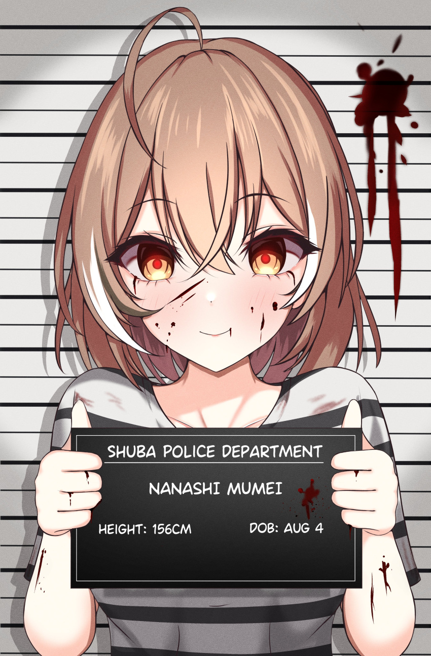 1girl absurdres ahoge blood blood_on_face blood_on_hands brown_eyes brown_hair closed_mouth commentary empty_eyes english_commentary glowing glowing_eyes hair_between_eyes height_chart highres hololive hololive_english hood hoodie looking_at_viewer mugshot multicolored_hair nanashi_mumei official_alternate_hair_length official_alternate_hairstyle panpanmc4 prison_clothes smile solo streaked_hair upper_body virtual_youtuber white_hoodie