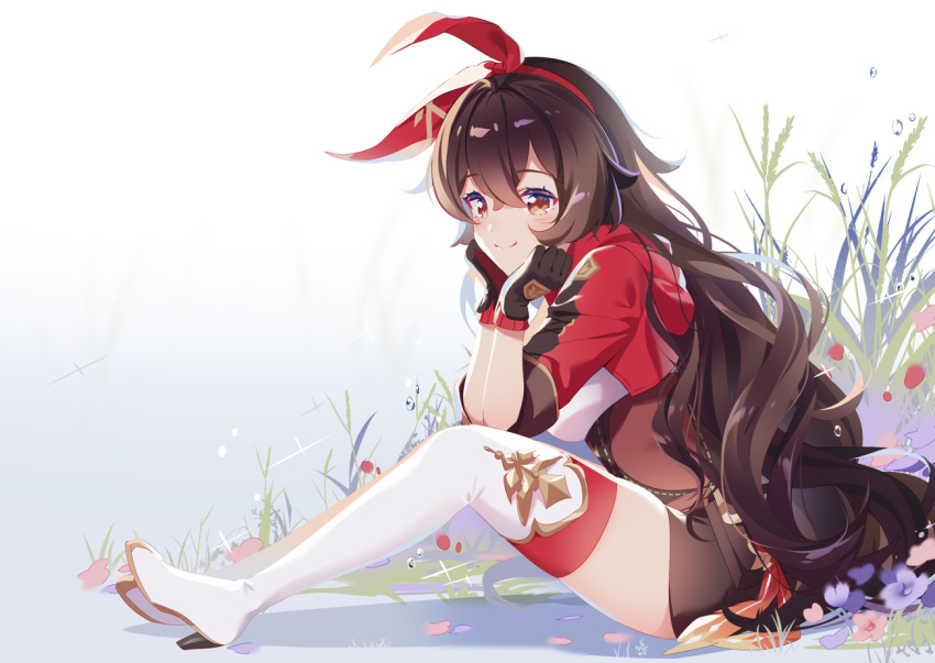 1girl amber_(genshin_impact) black_gloves boots breasts brown_hair brown_shorts cropped_jacket genshin_impact gloves hair_ribbon head_rest jacket long_hair looking_at_viewer medium_breasts orange_eyes red_jacket red_legwear ribbon rimuu short_shorts shorts sitting smile solo thigh-highs thigh_boots very_long_hair white_footwear