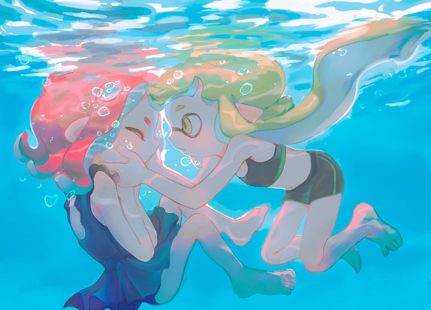2girls agent_3_(splatoon) agent_8_(splatoon) barefoot bikini_shorts closed_eyes green_hair hands_on_another's_face highres inkling multiple_girls octoling one-piece_swimsuit pink_hair pointy_ears shorts splatoon_(series) sports_bikini squidbeak_splatoon suaiocin swimsuit tentacle_hair toes underwater yuri