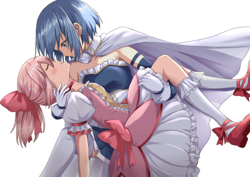 2girls blue_eyes blue_hair cape closed_eyes collarbone commentary_request commission gloves kaname_madoka looking_at_another mahou_shoujo_madoka_magica medium_hair miki_sayaka multiple_girls parted_lips pink_footwear pink_hair rikopin short_hair skeb_commission white_gloves white_legwear yuri