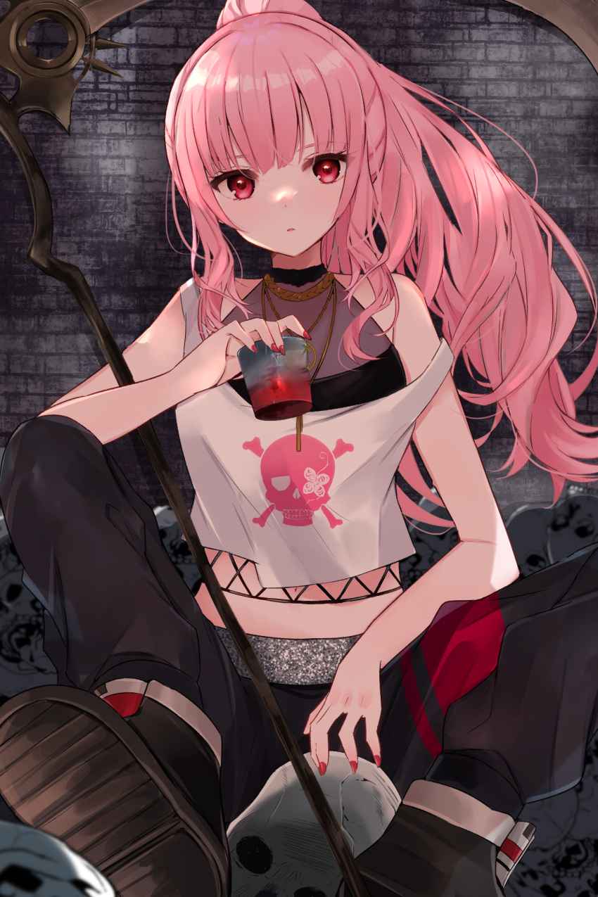 1girl high_ponytail highres hololive hololive_english jewelry long_hair looking_at_viewer mi_taro333 mori_calliope necklace pants parted_lips pink_hair ponytail red_eyes scythe shirt sidelocks sitting skull_and_crossbones sleeveless sleeveless_shirt solo sweatpants tank_top virtual_youtuber white_tank_top