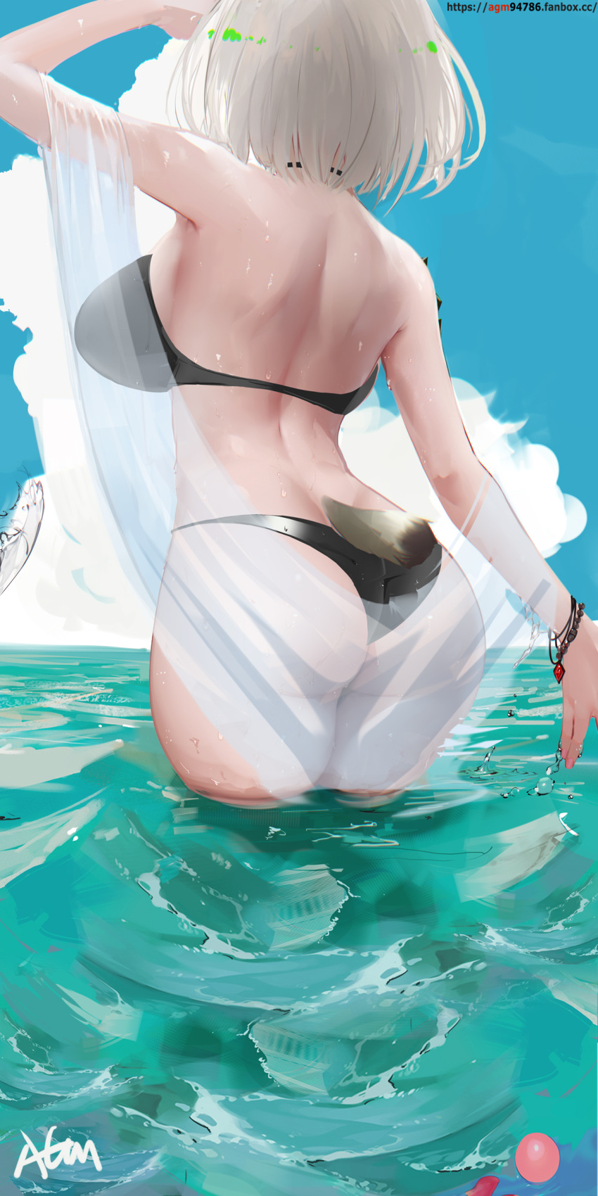 1girl absurdres arknights ass blue_sky bracelet breasts clouds cowboy_shot facing_away grey_hair hand_up highres jewelry kal'tsit_(arknights) large_breasts omone_hokoma_agm see-through short_hair sky solo tail thighs wading water watermark web_address