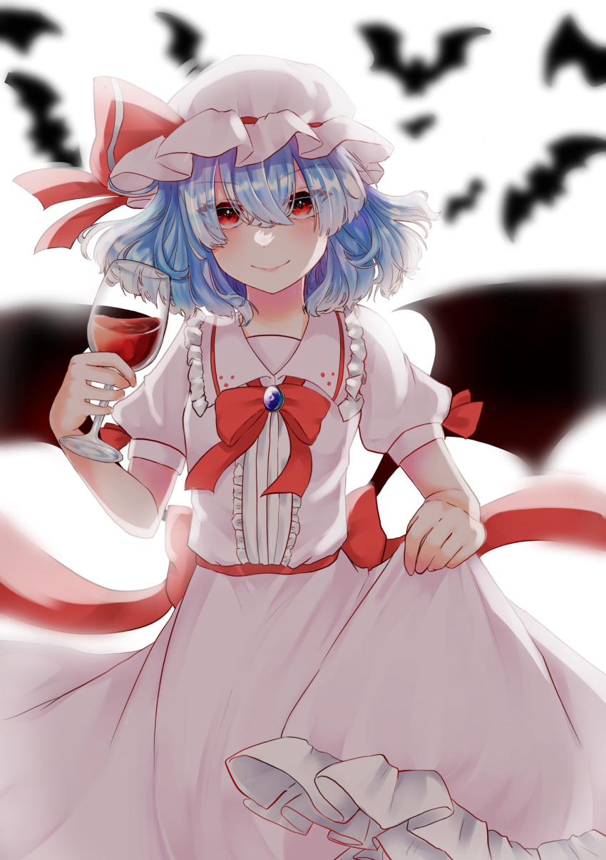 1girl alcohol bangs bat bat_wings blue_hair blurry blurry_background bow bowtie breasts brooch closed_mouth cup dress drinking_glass eyebrows_visible_through_hair eyes_visible_through_hair feet_out_of_frame frilled_shirt_collar frills hair_between_eyes hand_up hat highres holding holding_clothes holding_cup holding_skirt izumi_no_yasushi_aya jewelry lifted_by_self looking_at_viewer medium_hair mob_cap pink_dress pink_headwear puffy_short_sleeves puffy_sleeves red_bow red_neckwear remilia_scarlet short_sleeves skirt small_breasts smile solo standing touhou wine wine_glass wings