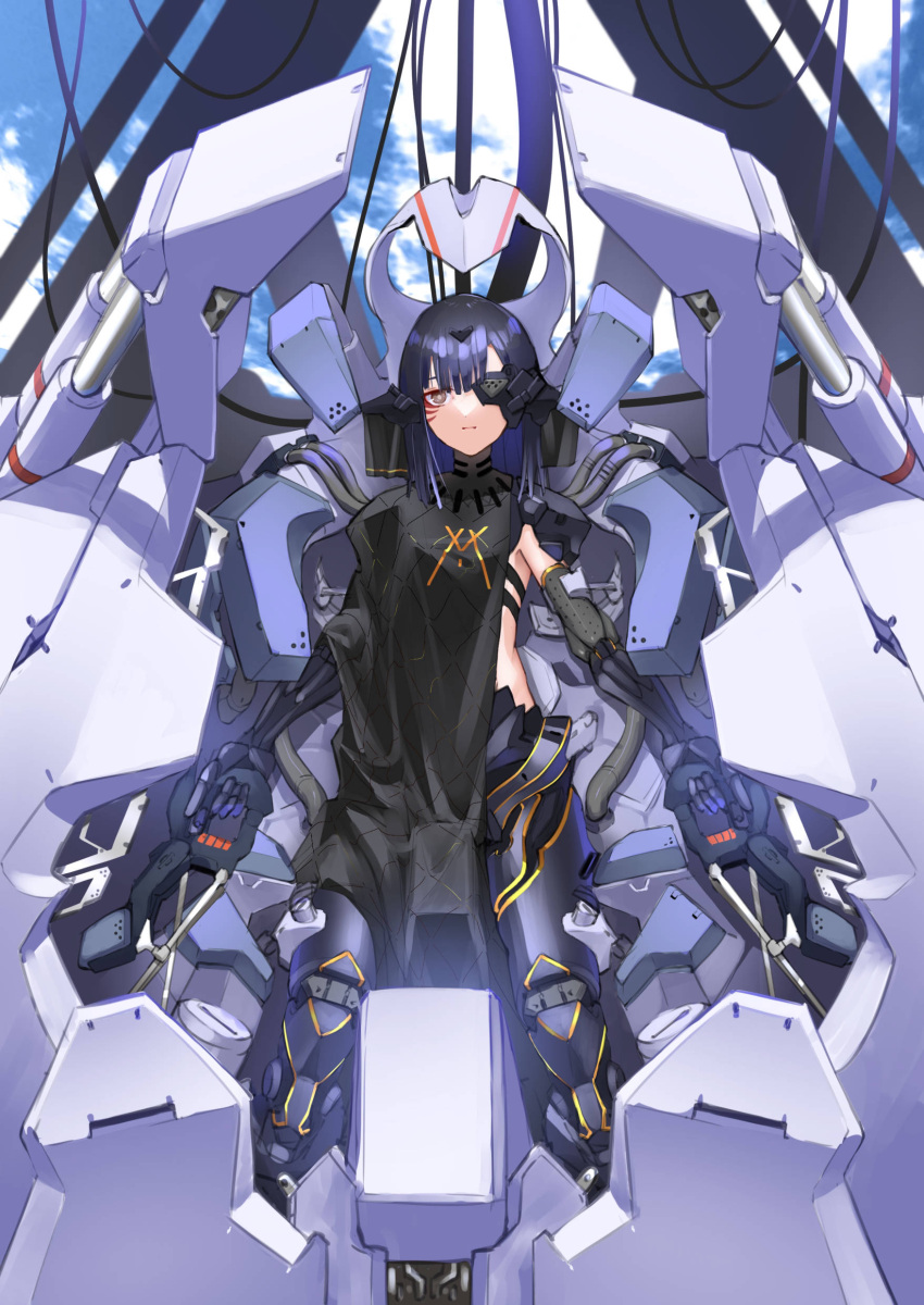 1girl absurdres apple_field bangs black_dress black_hair breasts brown_eyes clouds cloudy_sky cockpit commentary_request commission dress eyepatch facial_mark girls_frontline hair_between_eyes headgear highres long_hair looking_at_viewer mecha mechanical_arms mechanical_legs nyto_adeline_(girls_frontline) paradeus sitting skeb_commission sky small_breasts solo
