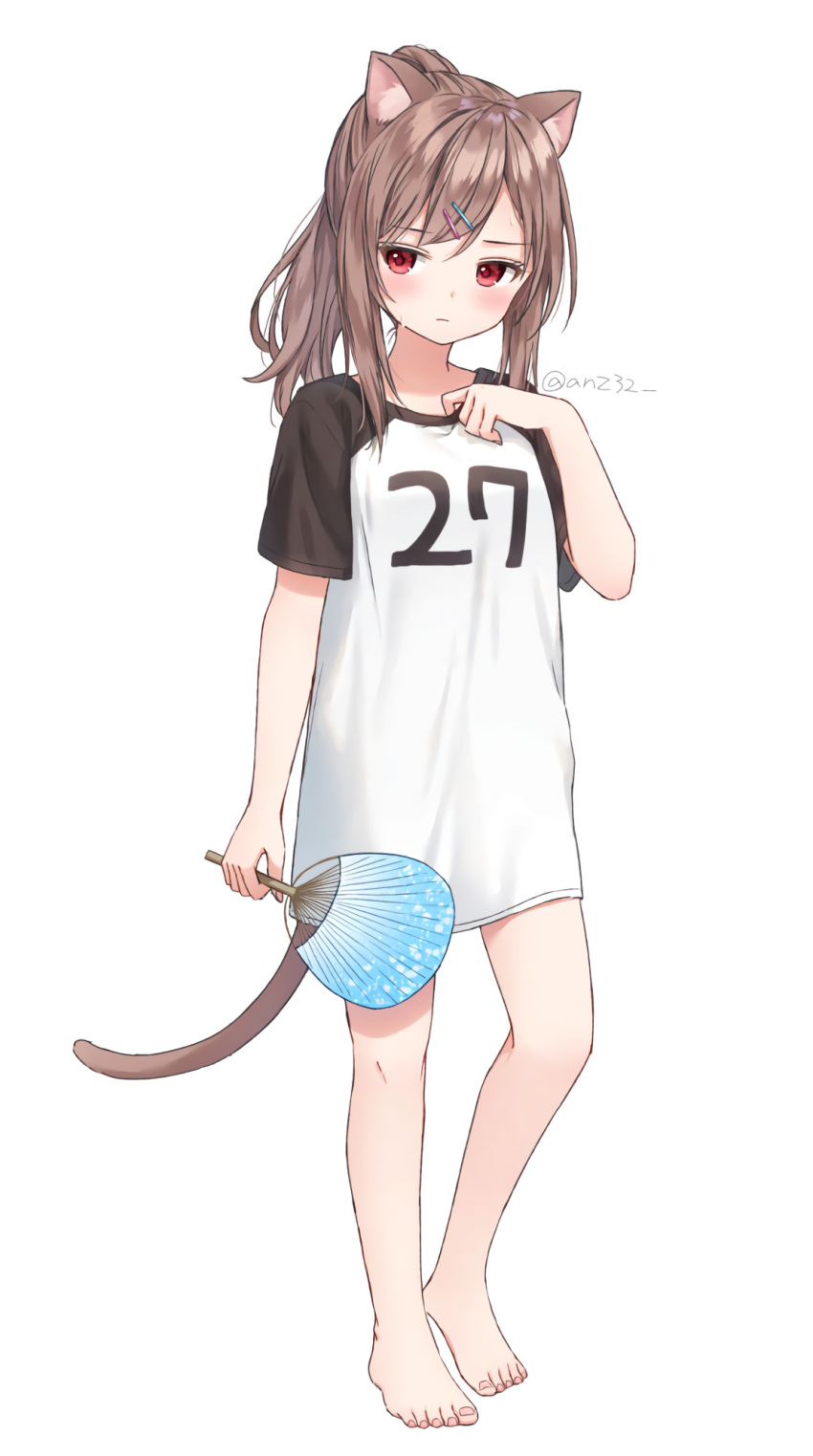 1girl bare_legs barefoot brown_hair cat_ears cat_girl cat_tail fan hot looking_at_viewer original ponytail red_eyes simple_background solo solo_focus sweat tail white_background