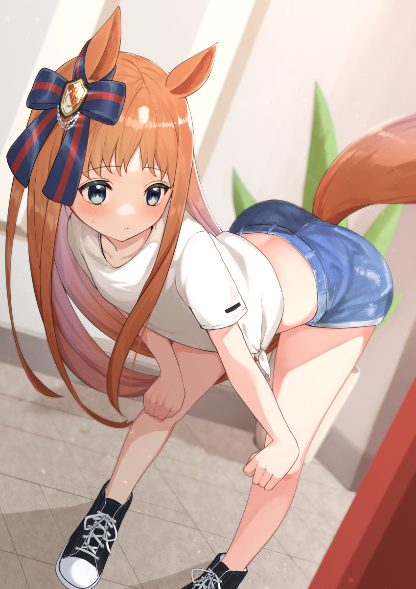 1girl absurdres animal_ears bent_over blue_eyes blush brown_hair casual commentary_request grass_wonder_(umamusume) hair_ribbon highres horse_ears horse_girl horse_tail pearlscale0818 ribbon shirt shoes shorts solo sweatdrop tail tile_floor tiles umamusume