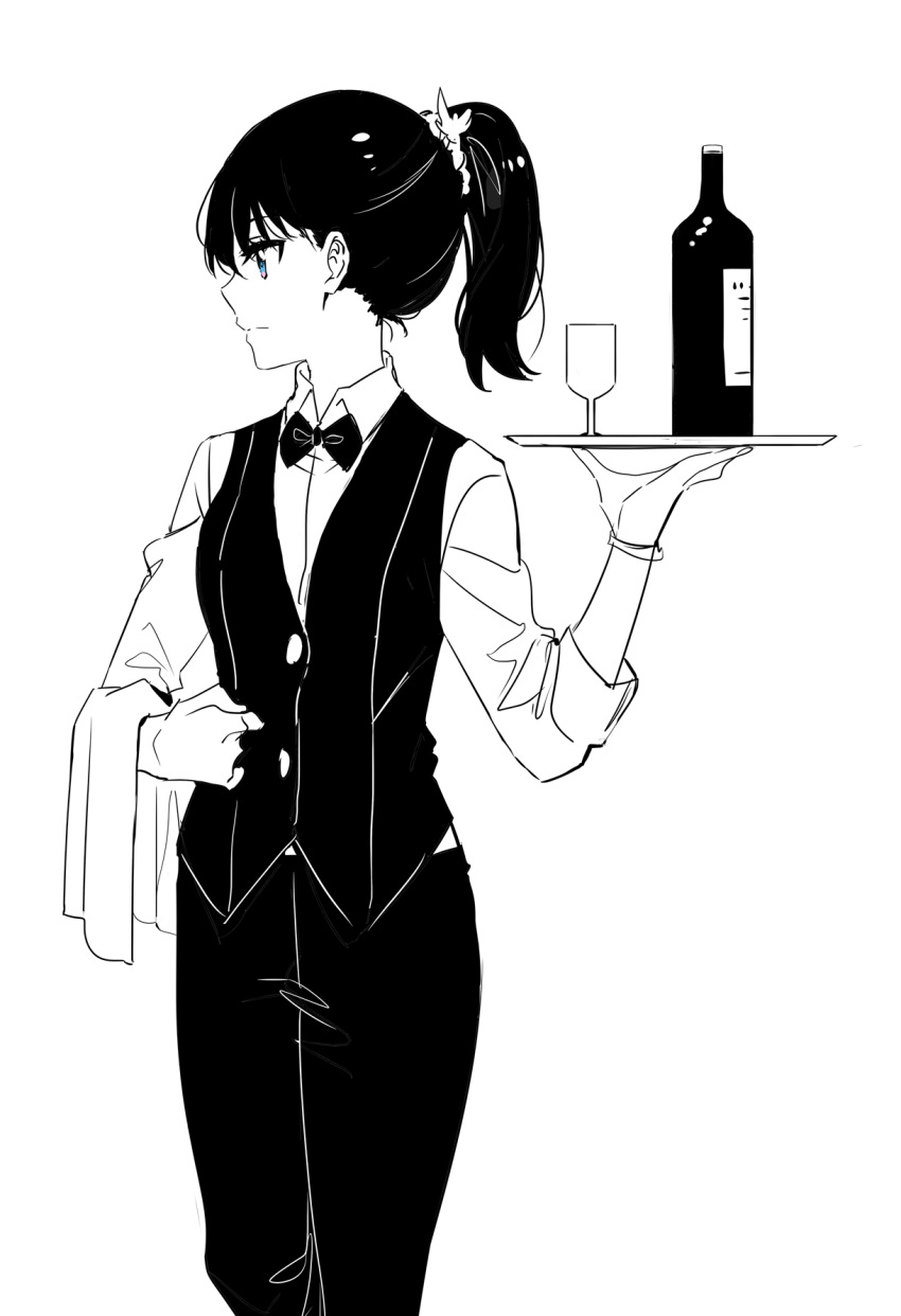 1girl blue_eyes bottle bow bowtie bracelet closed_mouth collared_shirt commentary_request cup drinking_glass feet_out_of_frame formal greyscale gridman_universe highres holding holding_tray jewelry long_hair long_sleeves looking_to_the_side monochrome ponytail profile shirt sleeves_folded_up solo spot_color ssss.gridman suit takarada_rikka towel_on_arm tray usamin_(artist) waistcoat waitress wine_bottle wine_glass