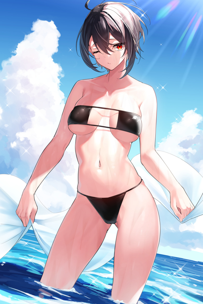 1girl ahoge bare_arms bare_shoulders bikini black_bikini black_hair blue_sky breasts breasts_apart closed_mouth clouds collarbone contrapposto day eyepatch_bikini highres holding large_breasts looking_at_viewer navel ocean one_eye_closed original outdoors red_eyes short_hair sky solo standing stomach string_bikini sunlight swimsuit thighs towel wading water yamanokami_eaka