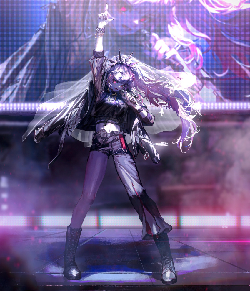 1girl absurdres asymmetrical_legwear belt black_belt black_footwear black_jacket black_legwear black_shirt boots crop_top floating_hair hair_behind_ear highres holding holding_microphone hololive hololive_english jacket looking_at_viewer microphone mori_calliope navel pink_eyes pink_hair pointing pointing_up quasarcake shirt solo stage tiara veil virtual_youtuber