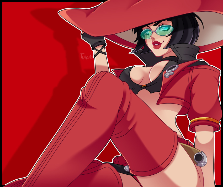 1girl absurdres eyelashes guilty_gear guilty_gear_strive highres i-no jacket lipstick looking_at_viewer makeup red_jacket red_legwear red_lips short_hair solo_focus sunglasses thigh-highs thighs tinted_eyewear venus_symbol