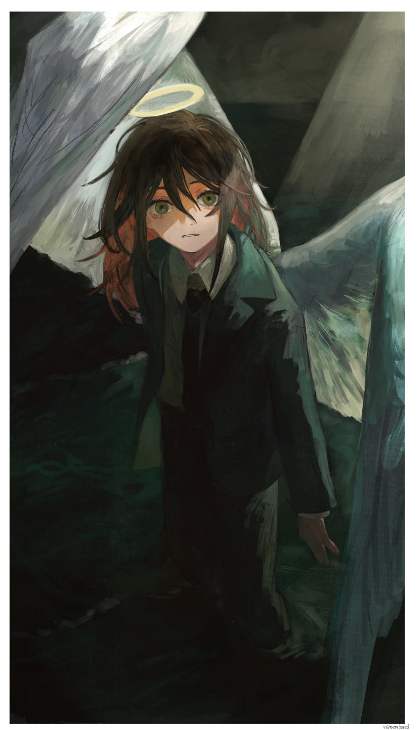1boy absurdres angel angel_devil_(chainsaw_man) angel_wings bangs black_hair black_pants black_suit border chainsaw_man faux_traditional_media formal green_eyes hair_between_eyes halo highres indoors light_rays long_hair looking_at_viewer multicolored_hair open_hand orange_hair pants parted_lips sidelocks solo standing suit two-tone_hair white_border wings yomotsu00