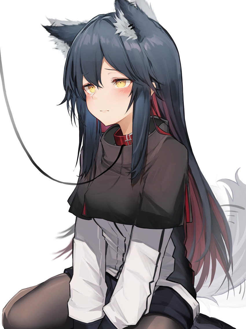 1girl absurdres afterimage animal_ear_fluff animal_ears arknights between_legs black_capelet black_hair black_legwear black_shorts blush capelet closed_mouth collar colored_inner_hair commentary_request ear_wiggle hand_between_legs highres jacket leash long_hair long_sleeves motion_lines multicolored_hair pantyhose redhead shorts sidelocks simple_background sitting solo tab_head tail tail_wagging texas_(arknights) two-tone_hair very_long_hair wariza white_background white_jacket wolf_ears wolf_girl wolf_tail yellow_eyes