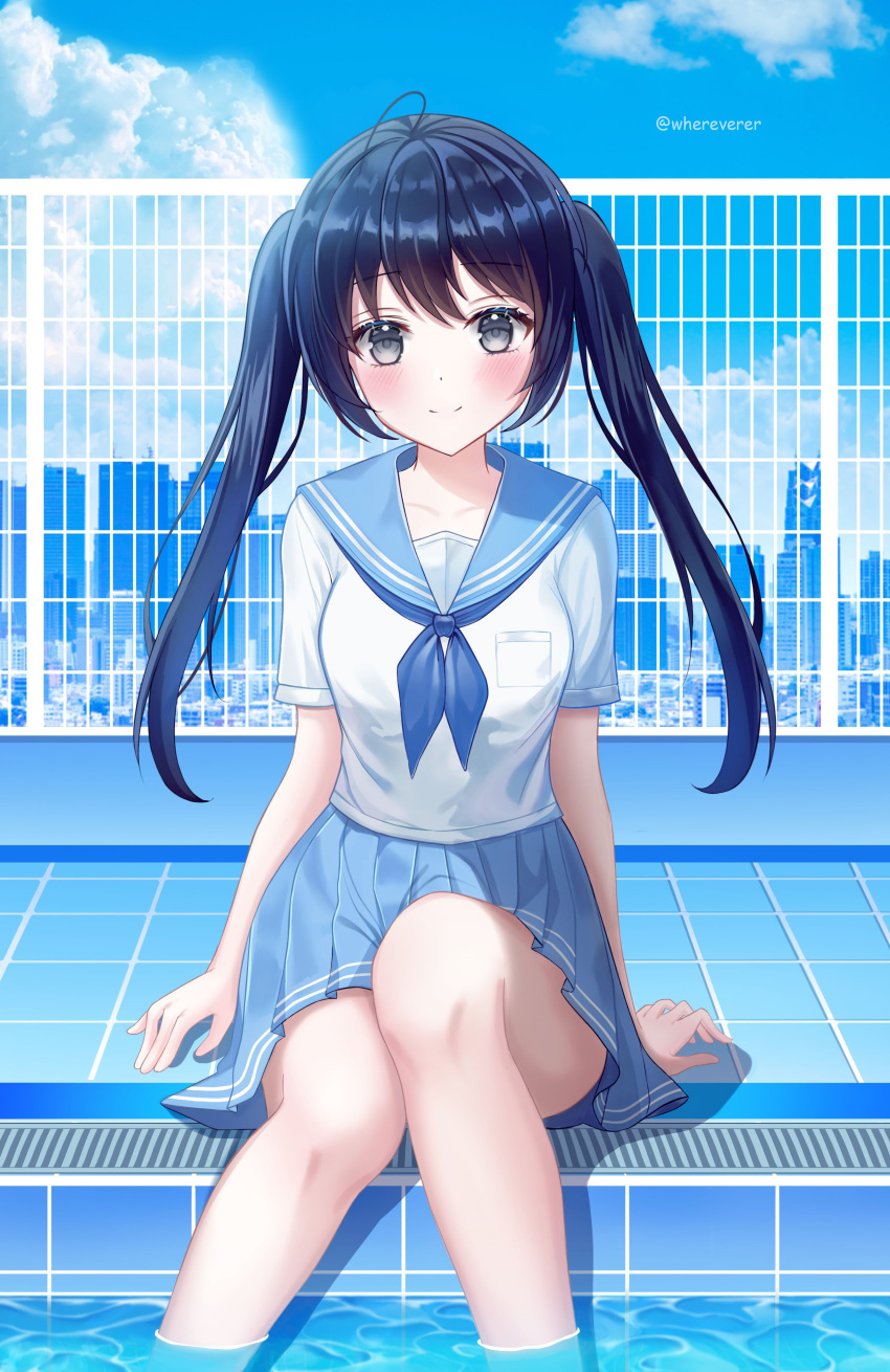 1girl absurdres ahoge bangs black_hair blue_neckwear blue_sailor_collar blue_skirt blue_sky building city cityscape closed_mouth clouds collarbone day eyebrows_visible_through_hair grey_eyes hair_between_eyes highres knees_together_feet_apart long_hair looking_at_viewer original outdoors pleated_skirt pool poolside railing rooftop sailor_collar school_uniform serafuku shirt short_sleeves sitting skirt sky smile solo thighs twintails twitter_username where_(whereverer) white_shirt