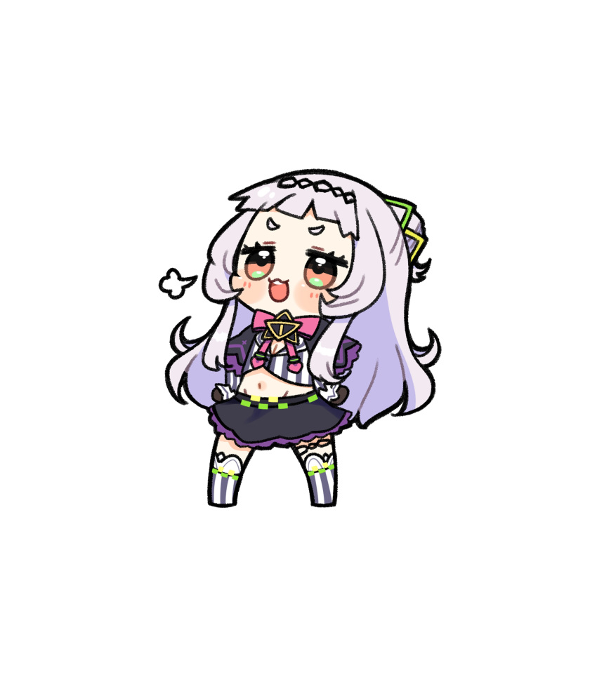 1girl :3 absurdres bangs black_skirt blush brown_eyes chibi hands_on_hips highres hololive long_hair murasaki_shion navel open_mouth short_bangs silver_hair skirt smug solo thigh-highs virtual_youtuber white_background yasashi_v