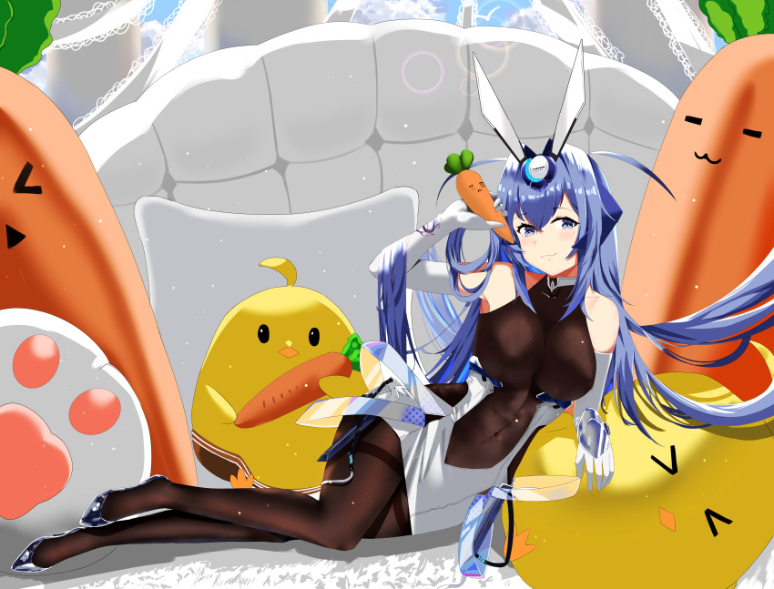 &gt;_&lt; 1girl :3 absurdres azur_lane bare_shoulders black_footwear black_legwear blue_eyes blue_hair bodystocking breasts carrot clothing_cutout elbow_gloves food gloves headgear high_heels highres holding holding_food huge_filesize ksami large_breasts long_hair looking_at_viewer lying manjuu_(azur_lane) new_jersey_(azur_lane) on_side pantyhose shoes solo stomach_cutout thighband_pantyhose very_long_hair white_gloves