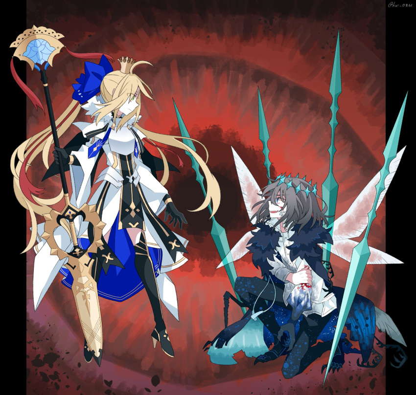 1boy 1girl ahoge armor artoria_pendragon_(caster)_(fate) artoria_pendragon_(fate) black_gloves blood boots breastplate crown dress fate/grand_order fate_(series) gloves highres holding_own_arm injury insect_wings kujiramaru oberon_(fate) one_knee spoilers staff thigh-highs thigh_boots wide_sleeves wings