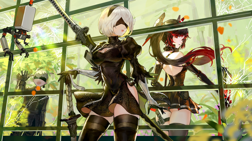 black_blindfold black_dress black_hairband blindfold boots breasts cleavage_cutout clothing_cutout danann dress feather-trimmed_sleeves feather_trim gloves greenhouse hairband headgear high_heel_boots high_heels highleg highleg_leotard highres holding holding_sword holding_weapon juliet_sleeves katana leather leather_boots leotard long_sleeves lucia_(punishing:_gray_raven) mechanical_arms medium_breasts mole multicolored_hair nier_(series) nier_automata pleated_dress pod_(nier_automata) prosthesis prosthetic_arm puffy_sleeves punishing:_gray_raven red_scarf scarf silver_hair sword thigh-highs thigh_boots thigh_pouch thighhighs_under_boots vambraces weapon white_leotard yorha_no._2_type_b yorha_no._9_type_s